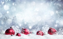 Christmas Card - Red Baubles And Snowflakes With Snowfall
