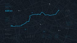 Futuristic route dashboard GPS tracking map, navigate mapping technology and locate position pin on the streets of the city Berlin, high tech vector background