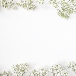 Styled stock photo. Feminine wedding desktop mockup with baby's breath Gypsophila flowers on  white background. Empty space. Floral frame, web banner. Top view. Picture for blog or social media.