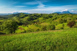 Fresh spring landscape with green meadows and agricultural farmlands on the hills, high snowy mountains in background, Holbav village, Transylvania, Romania, Europe