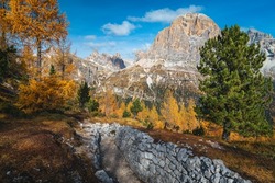 Famous rocky hiking trail around the Cinque Torri cliffs. Colorful larches at autumn and spectacular peaks in background, Dolomites, Italy, Europe