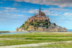 Stunning Mont Saint Michel cathedral on the island with modern bridge,Normandy,Northern France,Europe