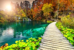 Amazing touristic wooden pathway in the colorful deep forest with clean lakes and spectacular waterfalls, Plitvice National Park, Croatia, Europe