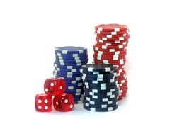 Poker chips and dice isolated on white background