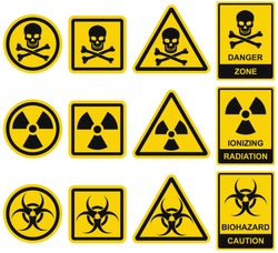 Danger sign. Set of vector icons. Hazard and warning symbols: radiation ionization, biohazard caution and danger zone. Collection of universal recognisable signs: bones with  skull, radioactivity.