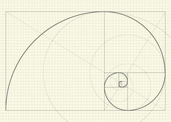 Fibonacci spiral. Vector illustration. Drawing on a sheet of checkered paper with auxiliary lines and the construction scheme. Abstract geometric background for technical design Fibonacci golden ratio