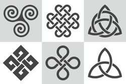 Celtic knot. Collection of vector patterns. Stylized endless knots used for decoration in Celtic Insular art.  Interlace patterns with abstract elements for traditional tattoo design. Sacred ornament.