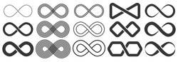 Infinity symbol. Vector logos set. Black contours of different shapes, thickness and style isolated on white. Symbol of repetition and unlimited cyclicity.