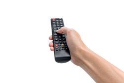 Hand pressing remote control isolated on white background