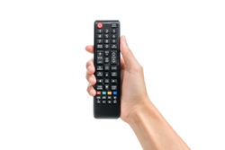 Hand holding remote control isolated on white background