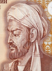 Avicenna or Ibn Sina on Tajikistan 20 somoni banknote close up. Great muslim physician, father of early modern medicine.