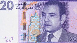 Morocco 20 dirham banknote, King Mohammed VI. Moroccan money currency close up. Morocco economy.