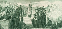 Apostle Paul in Athens on old Greece banknote. Areopagus sermon of Saint Paul. Apostle Paul is one of the most important figures of Christianity. Vintage engraving.