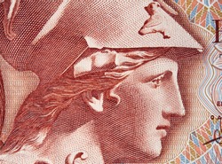 Goddess Athena on old Greece 100 drachma (1978) banknote close up macro. Vintage engraving. Ancient Greek Olympian deity, goddess of wisdom, craft, and war. 