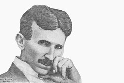 Portrait of Nikola Tesla. Genius scientist and inventor of electricity. Isolated from vintage paper banknote.