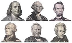 George Washington, Benjamin Franklin, Abraham Lincoln, Alexander Hamilton, Andrew Jackson, Ulysses Grant faces from US dollar bills isolated, United States presidents, money closeup