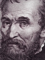 Michelangelo Buonarroti portrait on Italy 1000 lira banknote (1970) close up macro. Genius Italian sculptor, painter, architect, and poet of the High Renaissance.