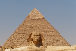 The Sphinx and the great Pyramid, Giza, Egypt. No people.
