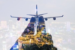 cities, airplane silhouettes, double exposures