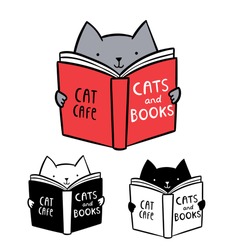 Cute logo for cat cafe. Funny kitten reading book