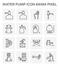 Sprayer vector icon. Consist of manual hand compression, backpack, drone and boom. Include pump i.e. drinking water bottle pump, diaphragm, centrifugal, hand rotary, barrel, screw and well. 64x64 px.