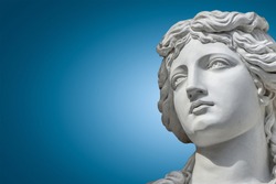 Portrait of a statue of young beautiful Renaissance Era women in Vienna at smooth gradient blue background, Austria, details, closeup