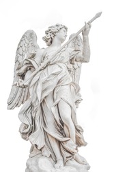 Statue of a beautiful holy angel with wings holding a war spear at the Saint Angel bridge (Ponte Sant Angelo), isolated at white background, Rome, Italy