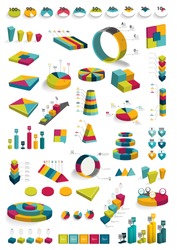 Collections of infographics 3D design diagrams. Various color schemes, boxes, pie charts,, bubbles for print or web design. Vector illustration. 
