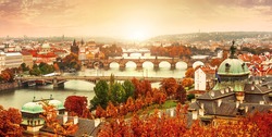 Sunset landscape view to Charles bridge on Vltava river in Prague Czech republic. Illustration