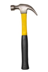 Claw hammer with yellow plastic handle isolated over white