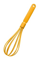 Yellow plastic balloon whisk isolated on white background