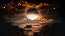 Landscape in fantasy alien planet with flaming moon and galaxy background. Elements of this image furnished by NASA