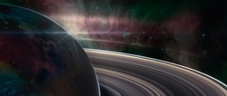 Saturn planet with rings in outer space, with galaxy background,  Elements of this image furnished by NASA.
