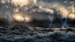 Silhouette of sailing old ship in stormy sea with lightning bolts and amazing waves and dramatic sky. Collage in the style of marine painters.