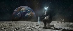 Astronaut sits on his knee on the lunar surface and pours blue earth's soil through his fingers. Planet Earth rise at the horizon. Elements of this image furnished by NASA.