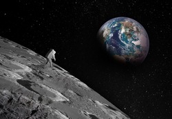 Small astronaut figure, clearly visible on the surface of the Moon, looks up into the sky at the distant Earth. Footprints confirm the presence of a person. Elements of this image furnished by NASA.