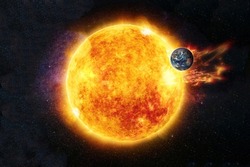 Solar activity. Solar flare and the planet Earth is under attack. Collage, elements of this image furnished by NASA.