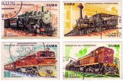 Series of four post stamps printed in Cuba shows moving train and devoted evolution of railway traffic,series .Circa 1975