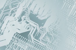 Circuit board. Electronic computer hardware technology. Motherboard digital chip. Tech science background. Integrated communication processor. Information engineering component. Light blue colors.
