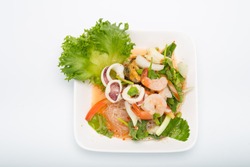 Vermicelli with spicy salad on white background