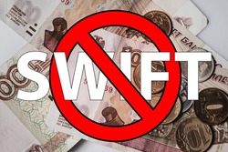 Background of russian money and possibility SWIFT ban in Russia. Concept of economic sanctions against Russia. 