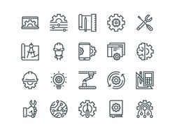 Engineering. Set of outline vector icons. Contains such Icons as Manufacturing, Engineer, Production, Settings and more.