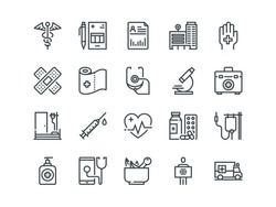 Medical and Healthcare. Set of outline vector icons. Includes such as Emergency, Heartbeat, Medical equipment and other.  Editable Stroke. 48x48 Pixel Perfect.