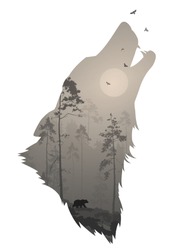 silhouette of the head of the howling wolf. Inside it is a night forest with a bear and birds. Vector illustration, white background, isolated object