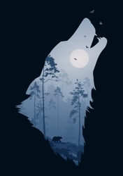 silhouette of the head of the howling wolf. Inside it is a night forest with a bear and birds. Vector illustration, dark background, isolated object