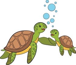 Cartoon marine animals. Mother sea turtle swims with her little cute baby sea turtle and smile.