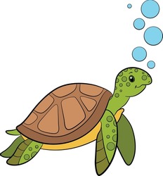 Cartoon marine animals. Cute smiling green sea turtle swims underwater with bubbles.