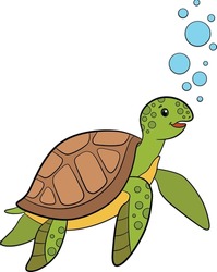 Cartoon marine animals. Cute green sea turtle swims underwater and smiles.