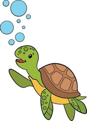 Cartoon marine animals. Cute little baby sea turtle swims undeerwater and smiles. Bubbles in the water.