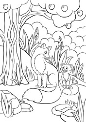 Coloring pages. Wild animals. Mother fox with her little cute baby fox in the forest.